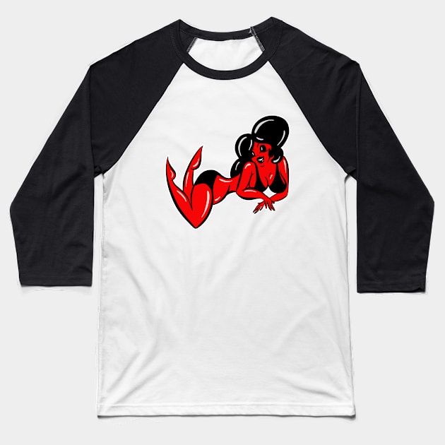 Sexy Red Devil Woman Pin Up Cartoon Baseball T-Shirt by Squeeb Creative